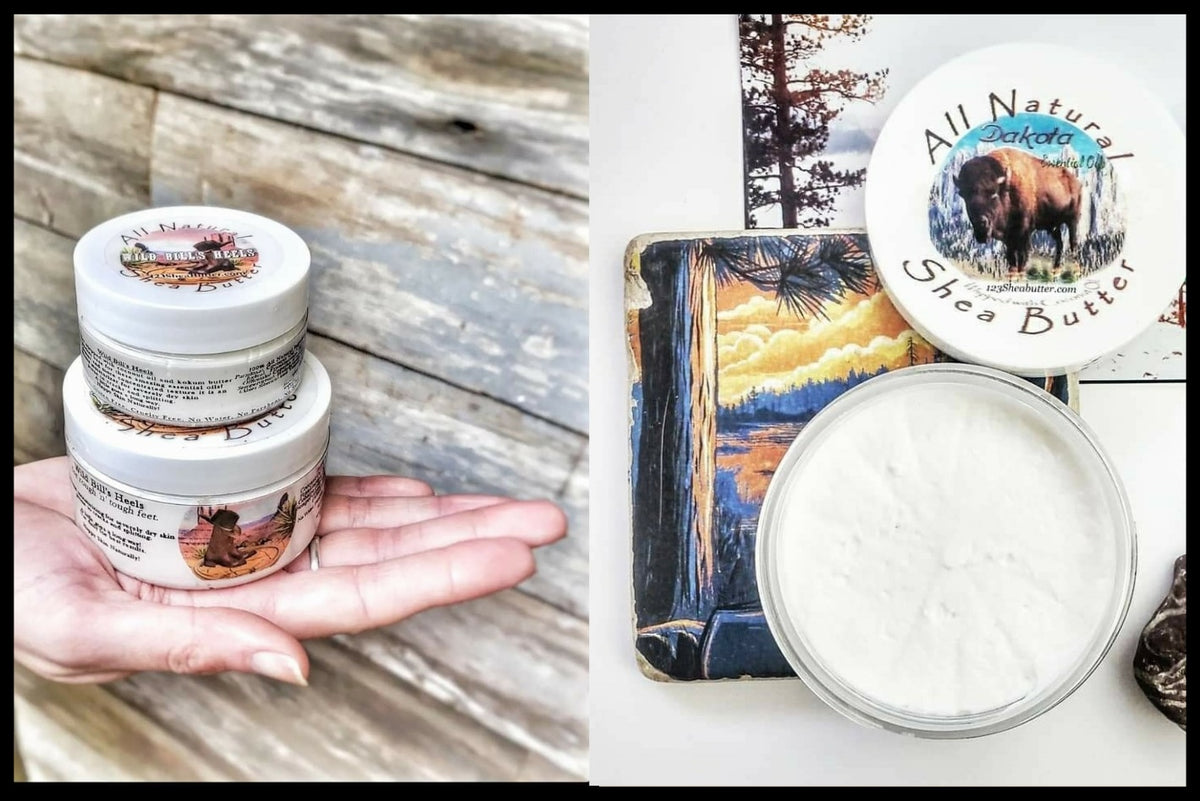 two different photos. first on on left has a hand holding a 4oz and 2oz jars of Wild Bill's Heels. second photo of open jar with top lid on the side with Dakota black hills logo on lid
