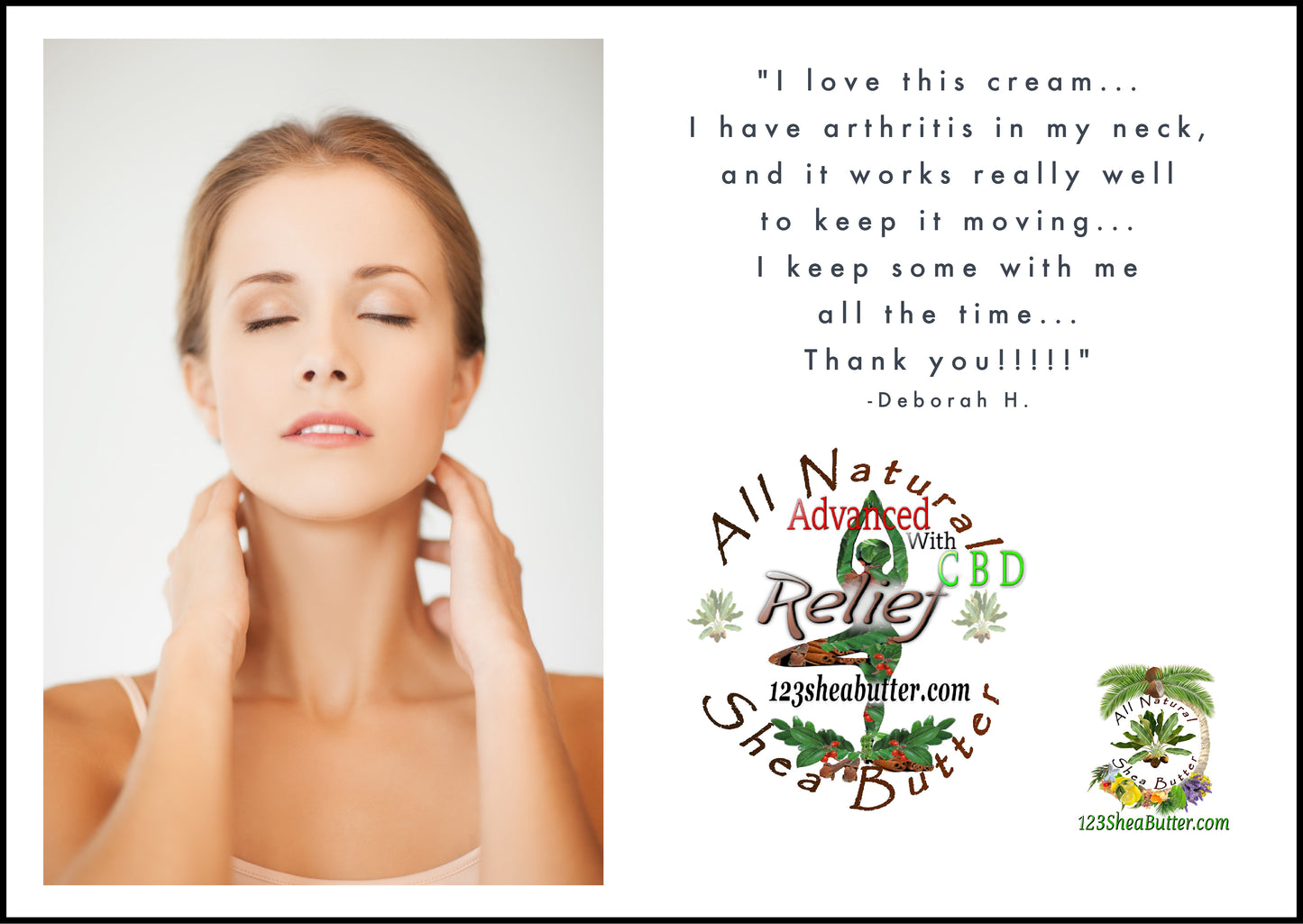 top label of advanced Pain relief with photo of a woman's face looking relieved with her hands on her neck
