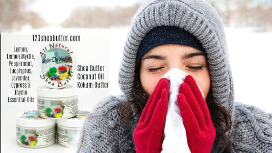 woman blowing her nose with snow in the background with under the weather products featured next to her