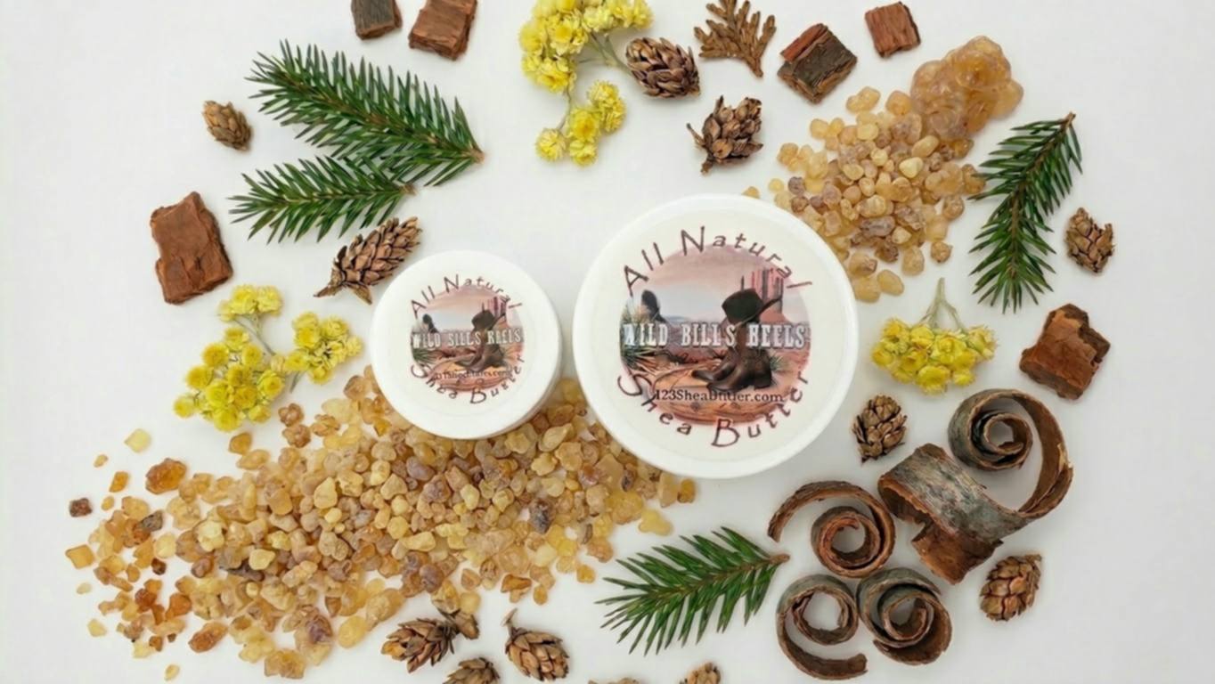 Wild Bill's Heels 4oz and 2oz size jars with cypress, Helichrysum, frankincense tree resin surrounding the jars