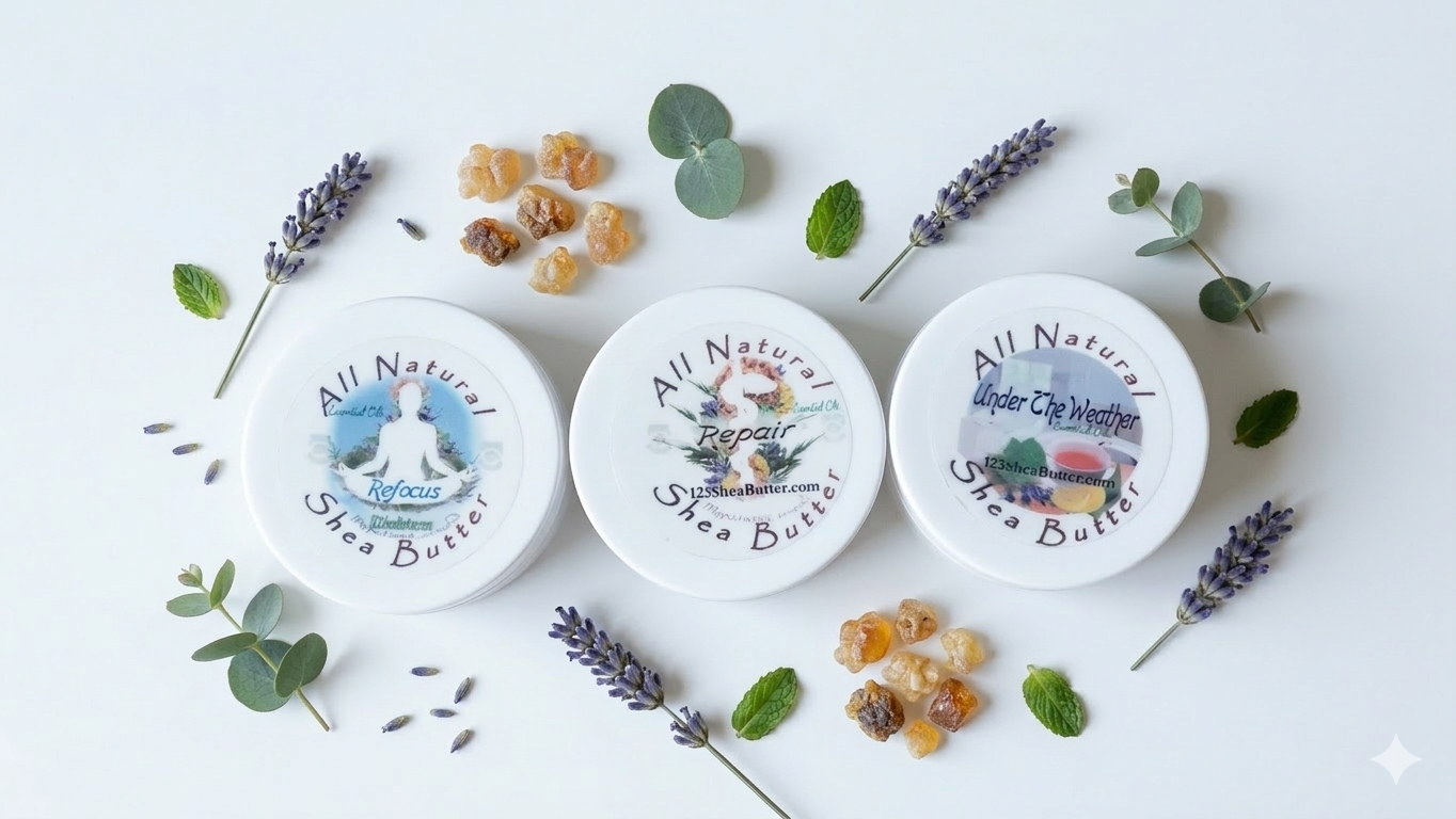 Travel Size 2oz Jars with Refocus, Repair and Under the Weather jars in photo with lavender, eucalyptus, leaves and frankincense resin pieces surrounding the jars