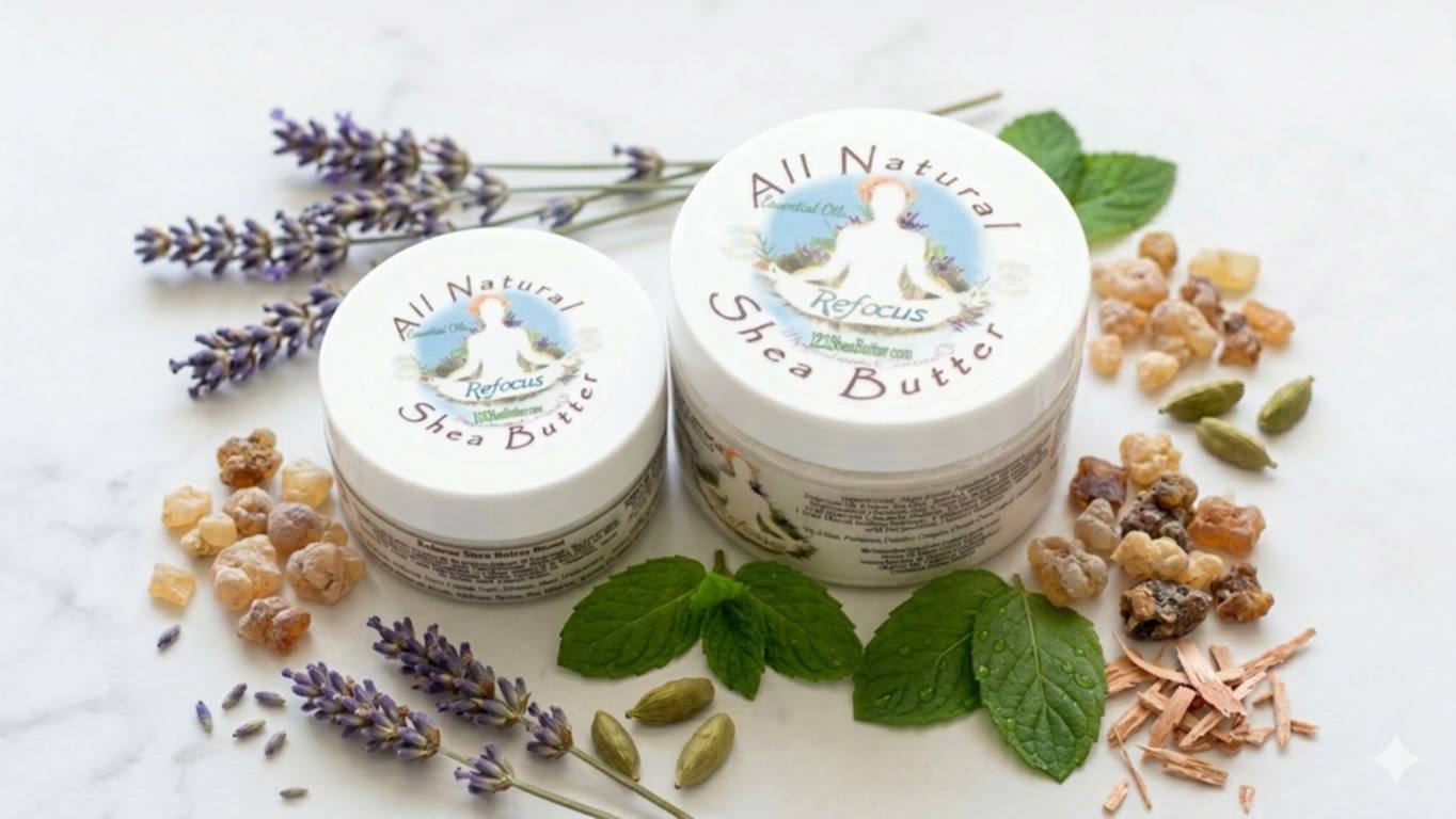 Refocus Gift set of 4oz and 2oz jars with Frankincense tree resin, peppermint leaves, lavender sprigs, cardamom pods and pieces of Vetiver surrounding the jars