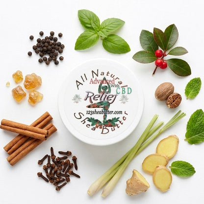 Spices and herbs arranged around a 'All Natural Relief' container on a white background