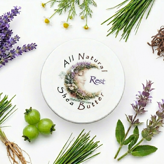Rest shea butter blend for sleep jar in the middle of page with lavender, roman chamomile, clary sage, litsea, vetiver and valerian around it