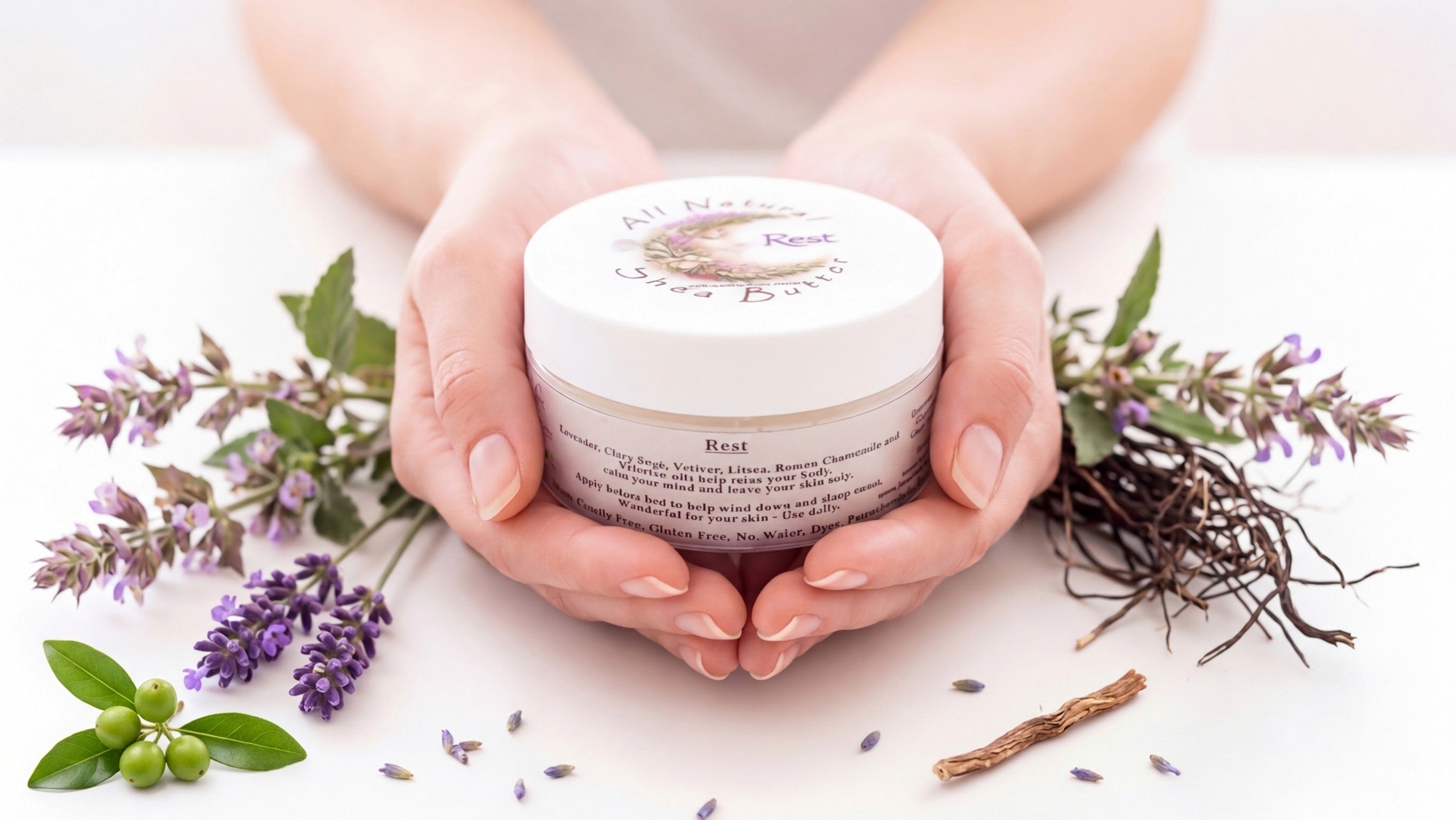Hands holding a jar of cream with herbs and flowers on a light background