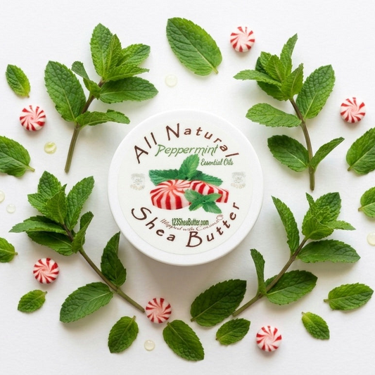 Peppermint shea butter surrounded by peppermint leaves