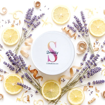 Product with 'Serenity' logo surrounded by lavender and lemon slices on a white background