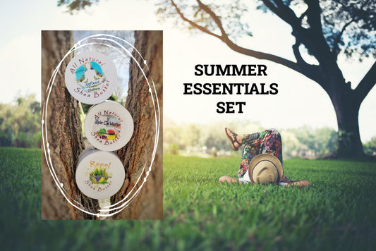 Summer Essentials set with refocus, under the weather and repel 2oz jars. with backdrop of green grass, tree and woman with hat laying in grass with colorful skirt