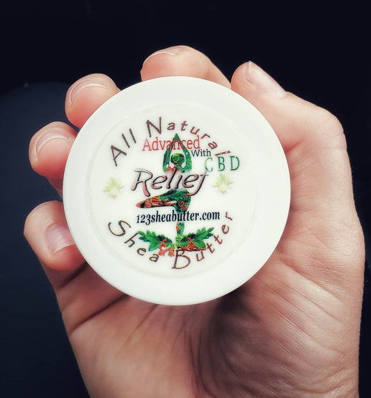 Hand holding a container of All Natural Advanced Pain Relief Shea Butter.