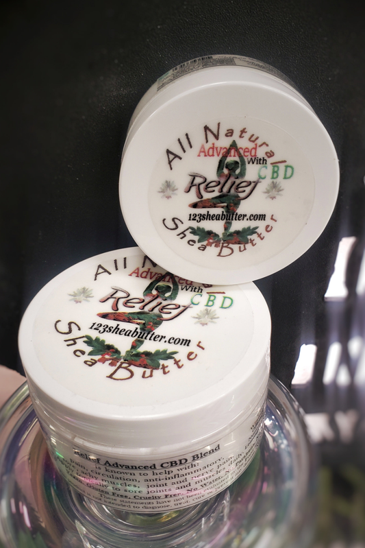 Jars of Advanced Maximum Strength Relief Shea Butter with various essential oils, indicating pain relief properties, especially for arthritis.