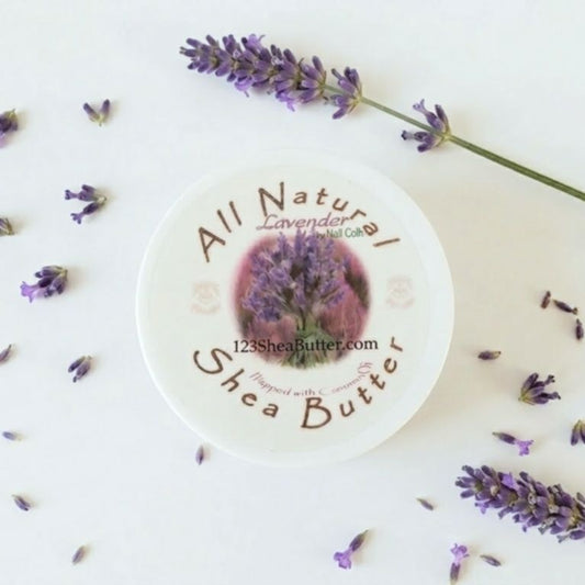 Lavender Shea butter jar with lavender flowers on a white background