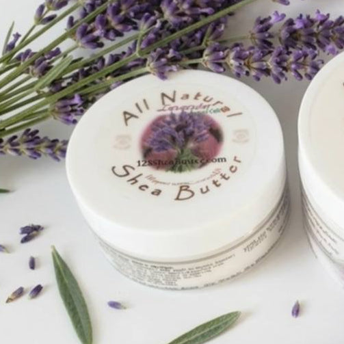 All Natural Shea Butter Lavender Jar travel size with lavender flowers on a white background