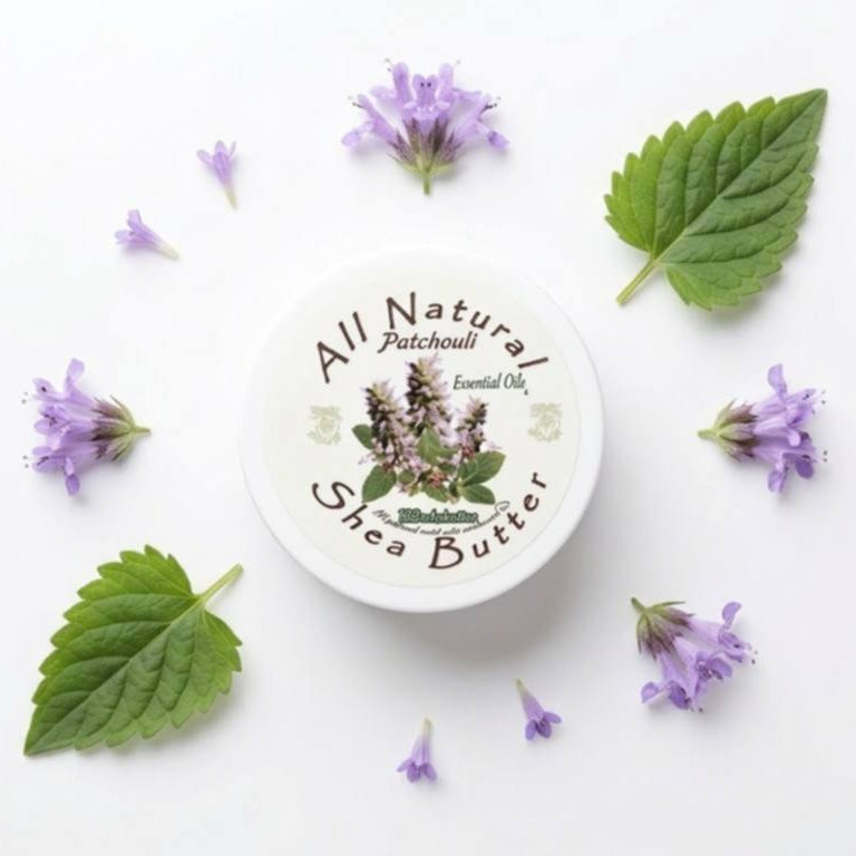 Patchouli Shea butter with blossoms of patchouli and leaves with white background