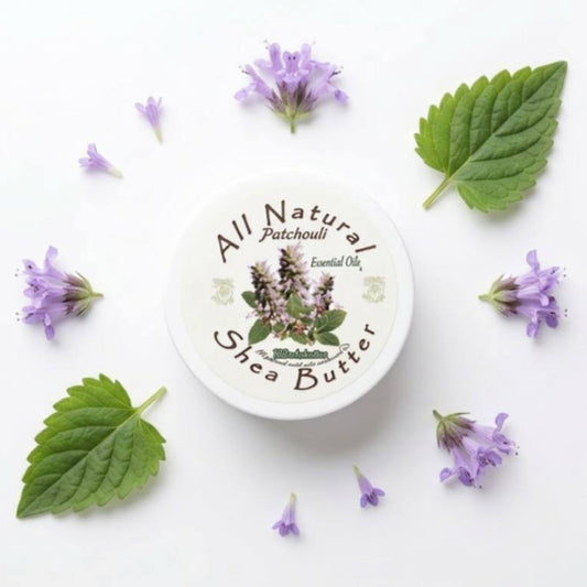 Patchouli Shea butter with blossoms of patchouli and leaves with white background