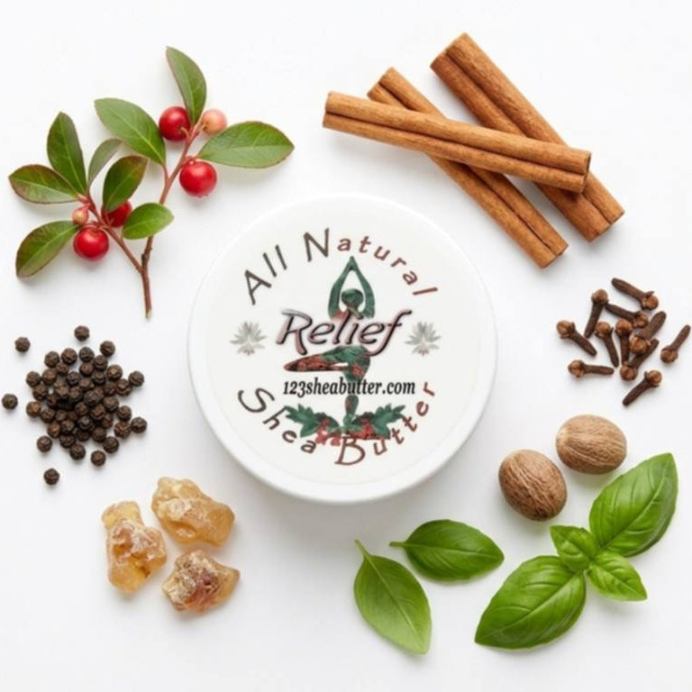 All Natural Pain Relief product on a white background with wintergreen berries, Cassia sticks, black peppercorns, Copaiba resin,Basil leaf, Clove buds, Nutmeg around it