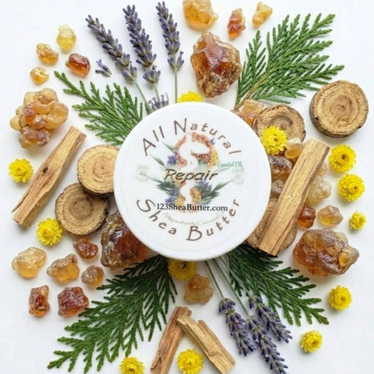 Shea butter Repair container surrounded by natural ingredients on a white background