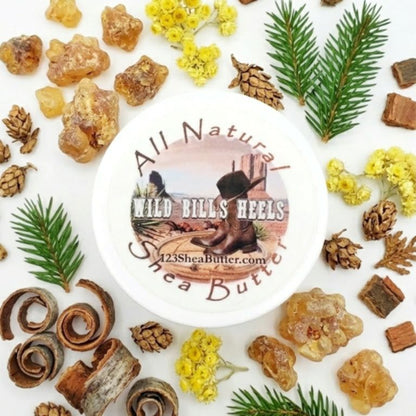 Shea butter product with natural ingredients and 'Wild Bill's Heels' branding on a white background.