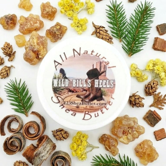 Shea butter product with natural ingredients and 'Wild Bill's Heels' branding on a white background.