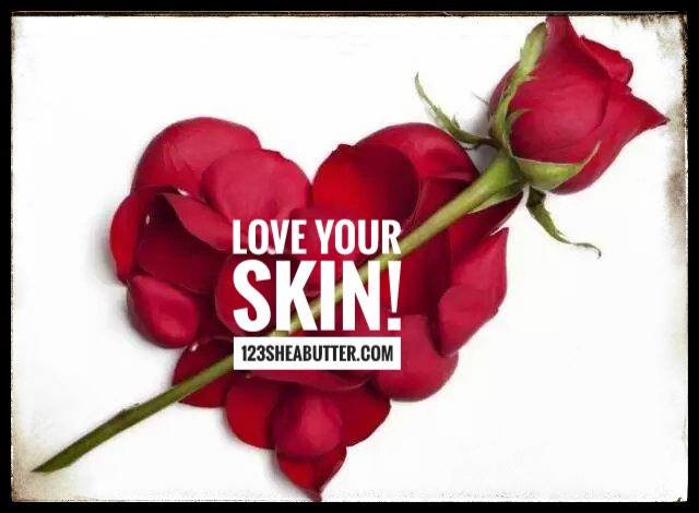 rose petals making a heart with a real rose lain on top with words saying "Love your skin! 123sheabutter.com"