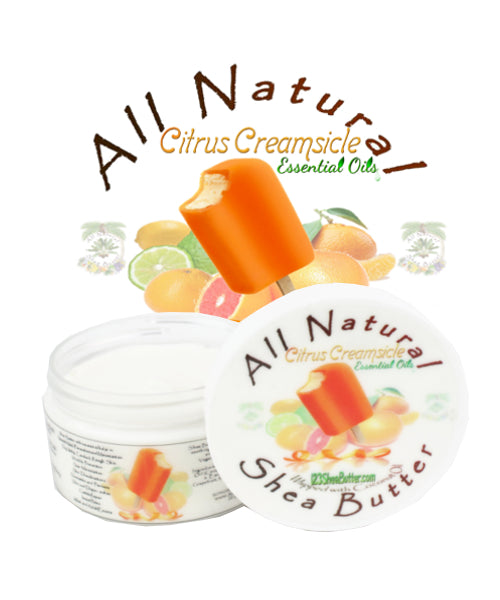 A jar of Citrus Creamsicle Shea Butter with the label showing an image of a creamsicle and citrus fruits, indicating the scent of the product.
