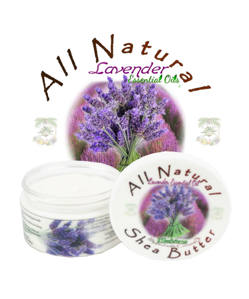 A jar of All Natural Lavender Essential Oil Shea Butter with a label featuring an image of lavender plants.
