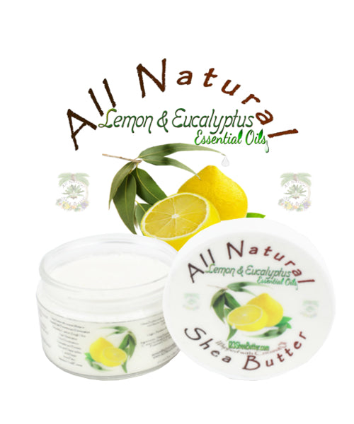 A jar of All Natural Lemon & Eucalyptus Shea Butter with a label showing a lemon and eucalyptus leaves. The product is presented as vegan, paraben free, gluten free, and petroleum free.