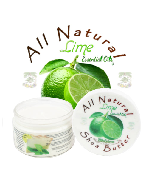 A container of All Natural Lime Shea Butter with branding and a lime illustration on the label, alongside whole limes and slices.