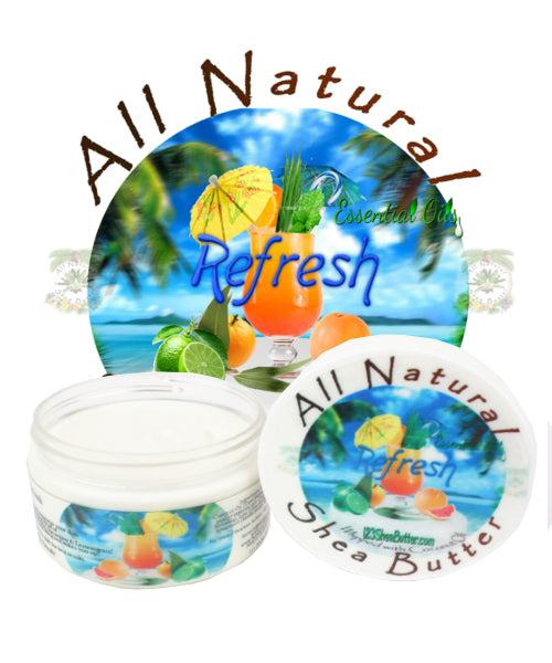 A jar of Refresh Shea Butter with a label featuring an illustration of a tropical scene with palm trees and a hammock, indicating the product is associated with a refreshing, natural scent profile.