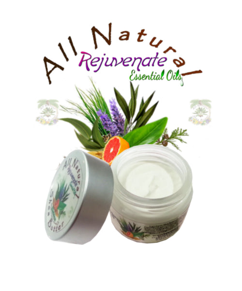 An open jar of Rejuvenate Shea Butter with a lid on a white background, surrounded by an illustration of plants and essential oils. The brand's name 'All Natural' and the product name 'Rejuvenate Essential Oils' are written at the top.