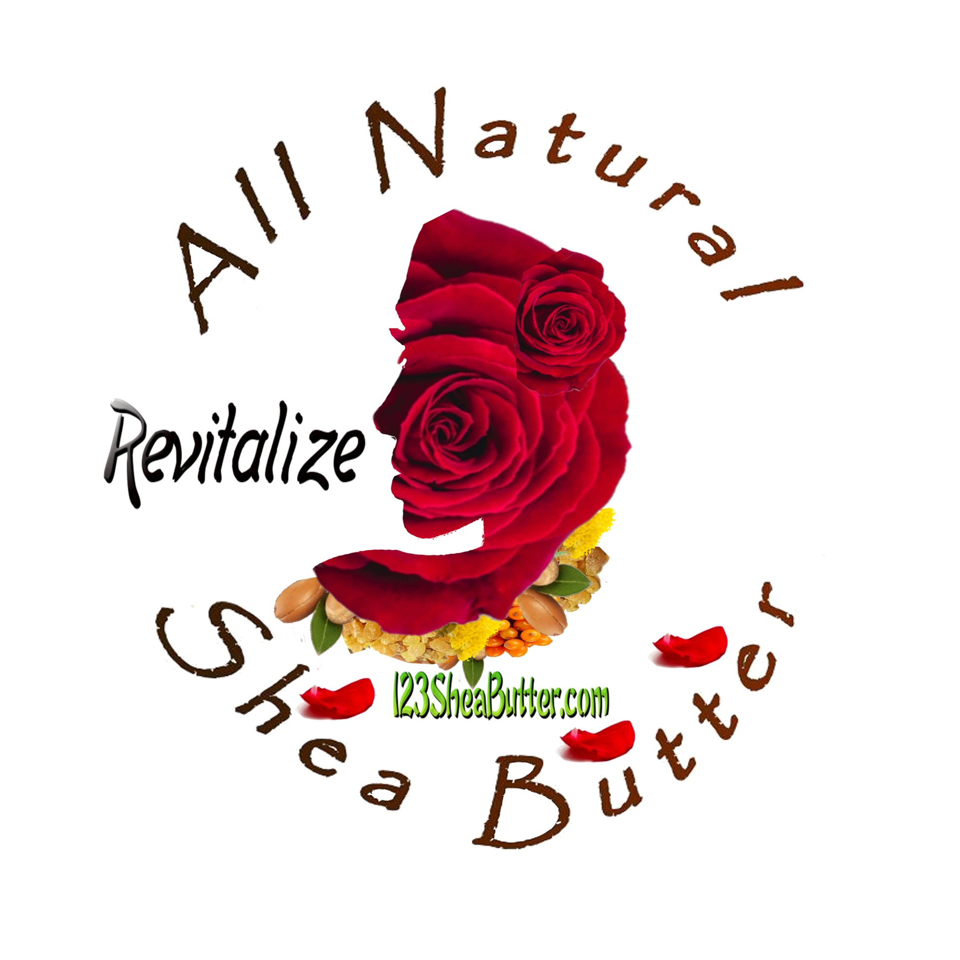 A logo featuring a red rose with the text 'All Natural Revitalize Shea Butter' on it.