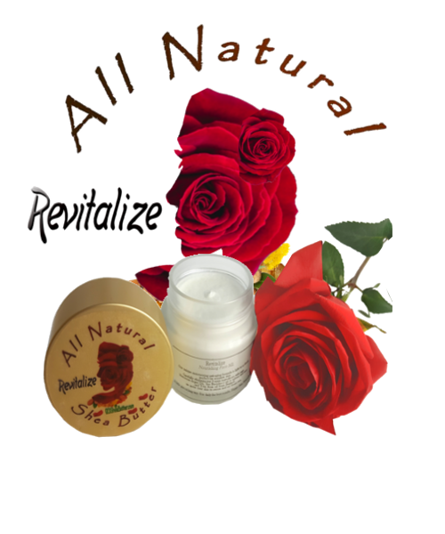 A glass jar of All Natural Revitalize Rose Face Cream with a gold lid, accompanied by a golden label featuring an image of a rose. The product is displayed alongside a vivid image of a red rose, symbolizing rejuvenation.