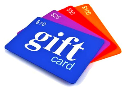 Gift cards with amounts of $10, $25, 50 and $100