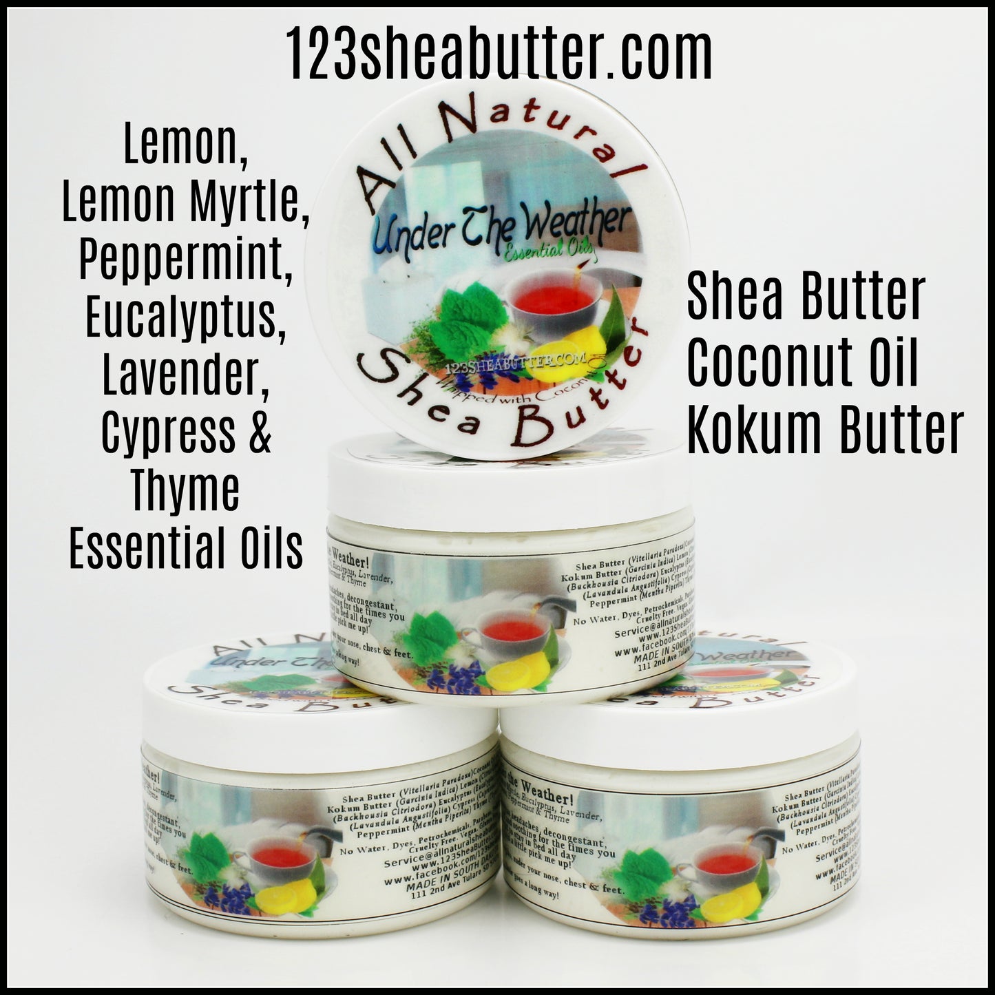 four jars stacked of under the weather with the list of ingredients Under the weather jar with ingredients of lavender, Cypress, eucalyptus, thyme, lemon myrtle, lemon and peppermint, Shea butter, coconut oil and kokum butter with website of 123sheabutter.com on the top of the page