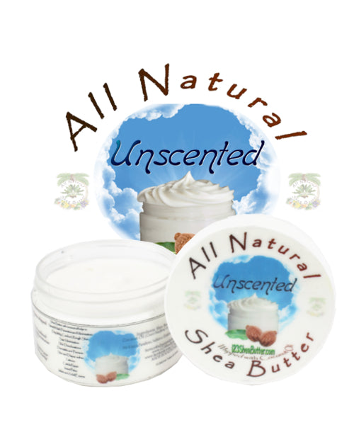 A container of All Natural Unscented Shea Butter with a label showing the product name and an image of a cloud 