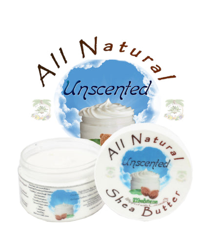 A container of All Natural Unscented Shea Butter with a label showing the product name and an image of a cloud 