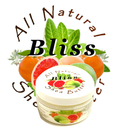 A container of Bliss Shea Butter cream with an illustration of citrus fruits and leaves around it, indicating a natural and organic product.