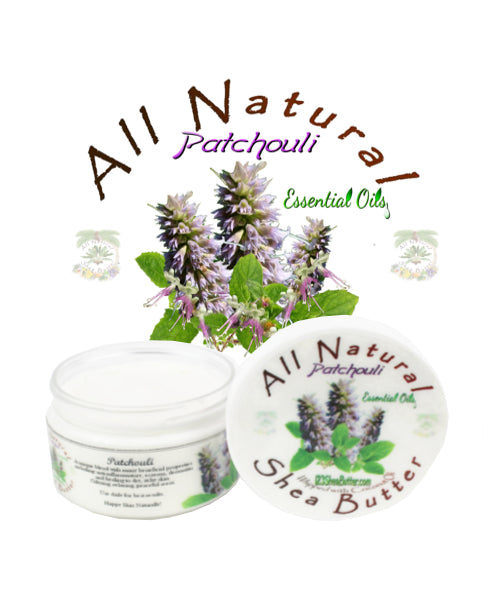 A jar of Patchouli Shea Butter cream with its lid off, showing the product name and patchouli flowers in the background. 