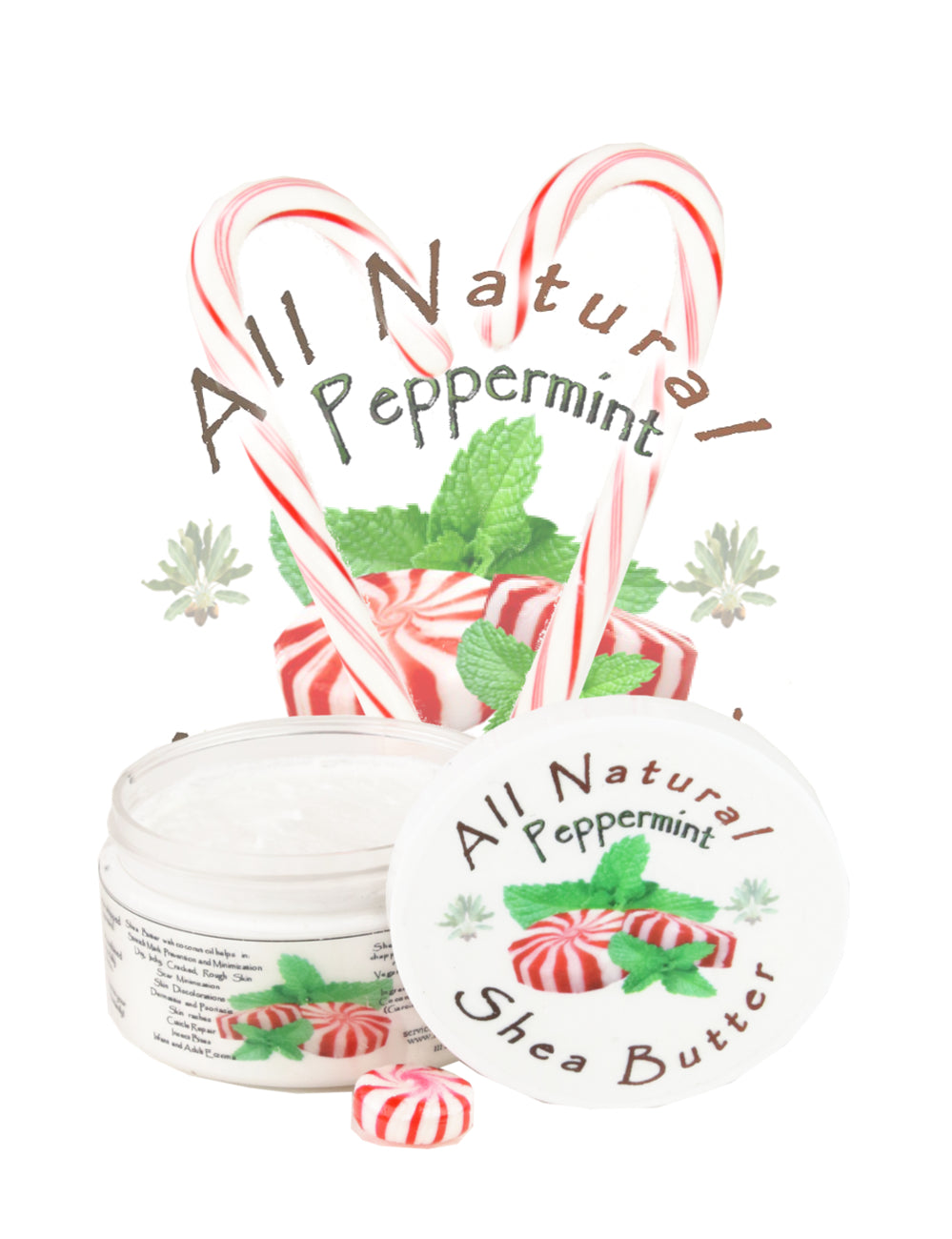 A jar of All Natural Peppermint Shea Butter with peppermint leaves and candy cane decorations.