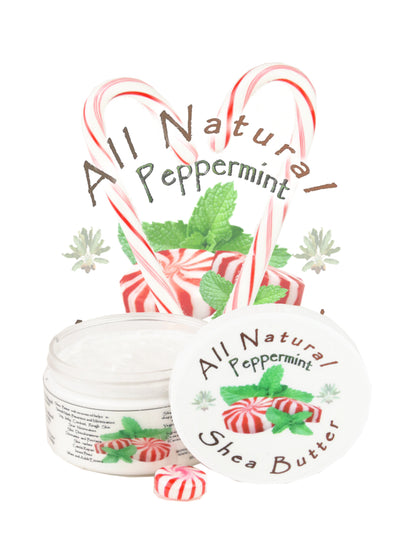 A jar of All Natural Peppermint Shea Butter with peppermint leaves and candy cane decorations.