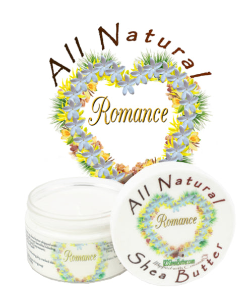 A jar of Romance Shea Butter with the label 'All Natural Romance Shea Butter' and a decorative background featuring floral motifs. The product is presented alongside its packaging which has a similar design.