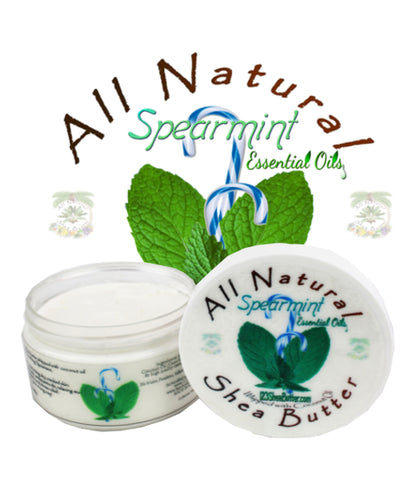 A jar of All Natural Spearmint Essential Oils Shea Butter with the product name and spearmint leaves depicted on the label.