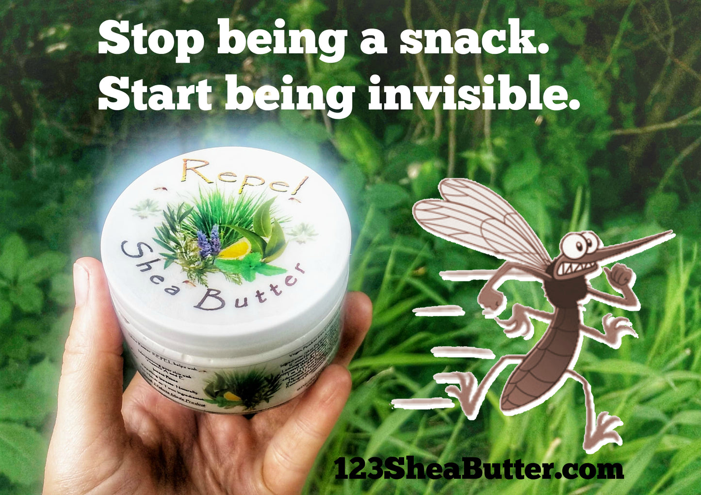 A container of Repel brand shea butter with a graphic of a mosquito on the label, alongside the brand's website address.