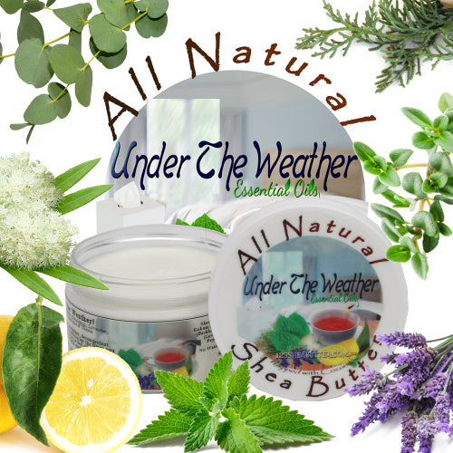 Under the weather jar with ingredients of lavender, Cypress, eucalyptus, thyme, lemon myrtle, lemon and peppermint around the product