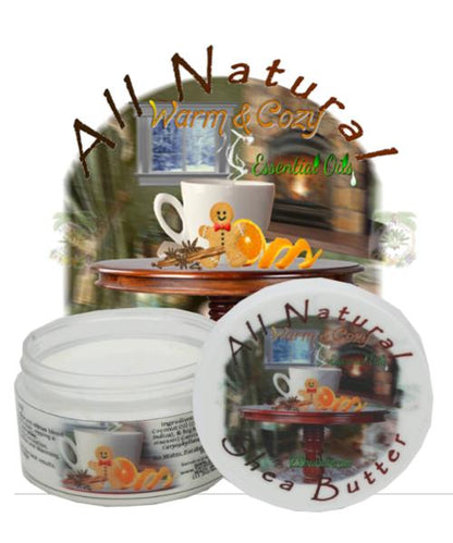 A jar of 'All Natural Warm & Cozy Essential Oils'  alongside an image of a cozy living room setting.